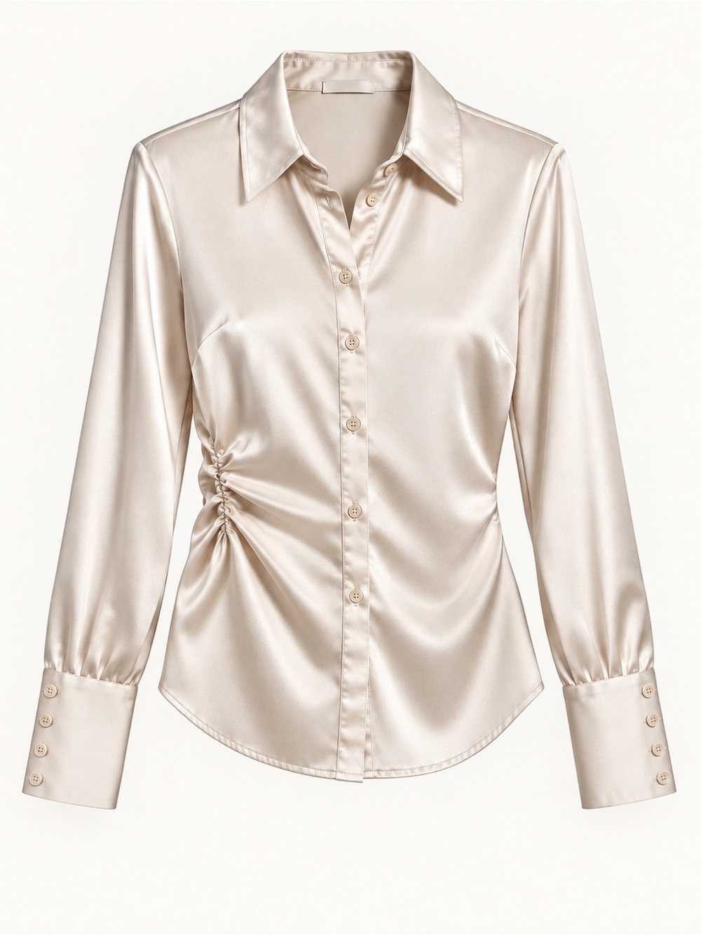 Topshop Champagne Satin Ruched Button-Up Blouse Statement Cuffs